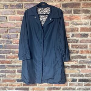 Utex Designs Black Button Down Trench Coat Women's Size Small Leopard Interior